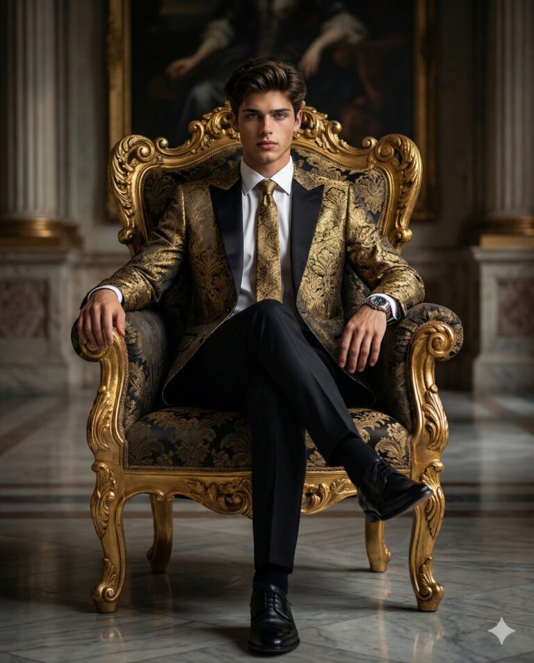 AI Prompt Image: A handsome man in a patterned gold blazer sits regally on an ornate gold chair in a luxurious, palace-like setting.