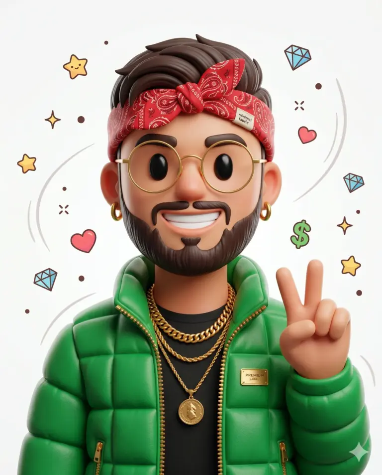 3D Male in Green Puffer Jacket AI Avatar Prompt. AI generated 3D digital illustration of a bearded man with a red bandana and gold chains making a peace sign surrounded by floating icons.