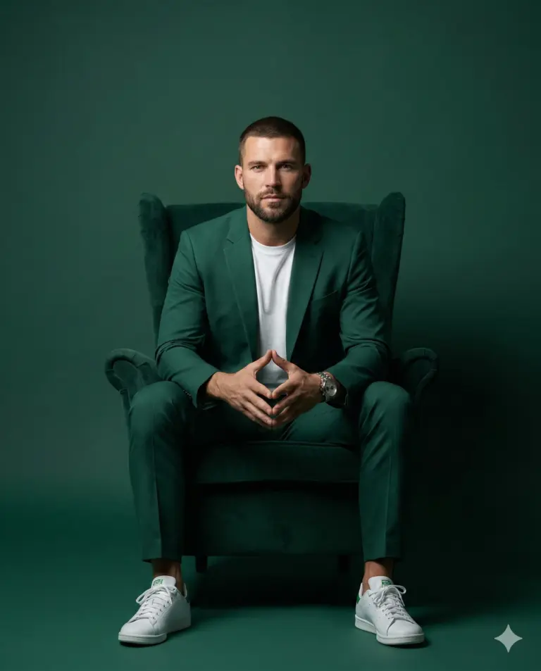 Man in Green Suit on Chair AI Photo Editing Prompt. AI generated studio portrait of a stylish man wearing a forest green suit and white sneakers while sitting in a matching velvet armchair.