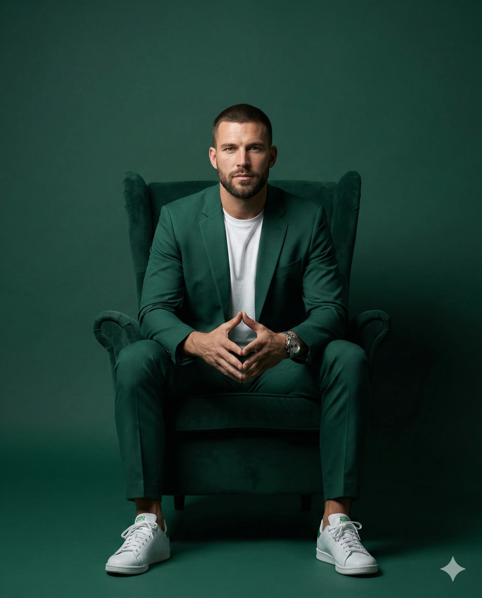 Man in Green Suit on Chair AI Photo Editing Prompt. AI generated studio portrait of a stylish man wearing a forest green suit and white sneakers while sitting in a matching velvet armchair.