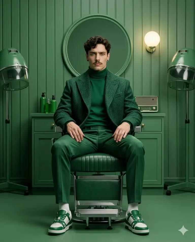 Man in Monochrome Green Barber Shop AI Photo Editing Prompt. AI generated studio portrait of a stylish man in all-green attire sitting in a vintage barbershop chair surrounded by matching green equipment.