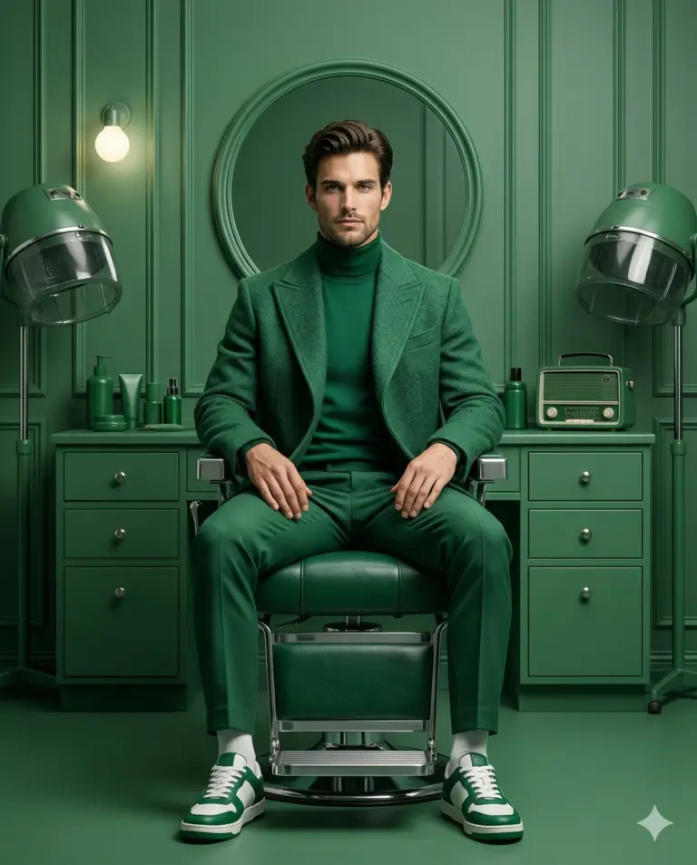 AI generated fashion portrait of a man in a green suit sitting in a monochromatic green barbershop with vintage hair dryers and matching decor.