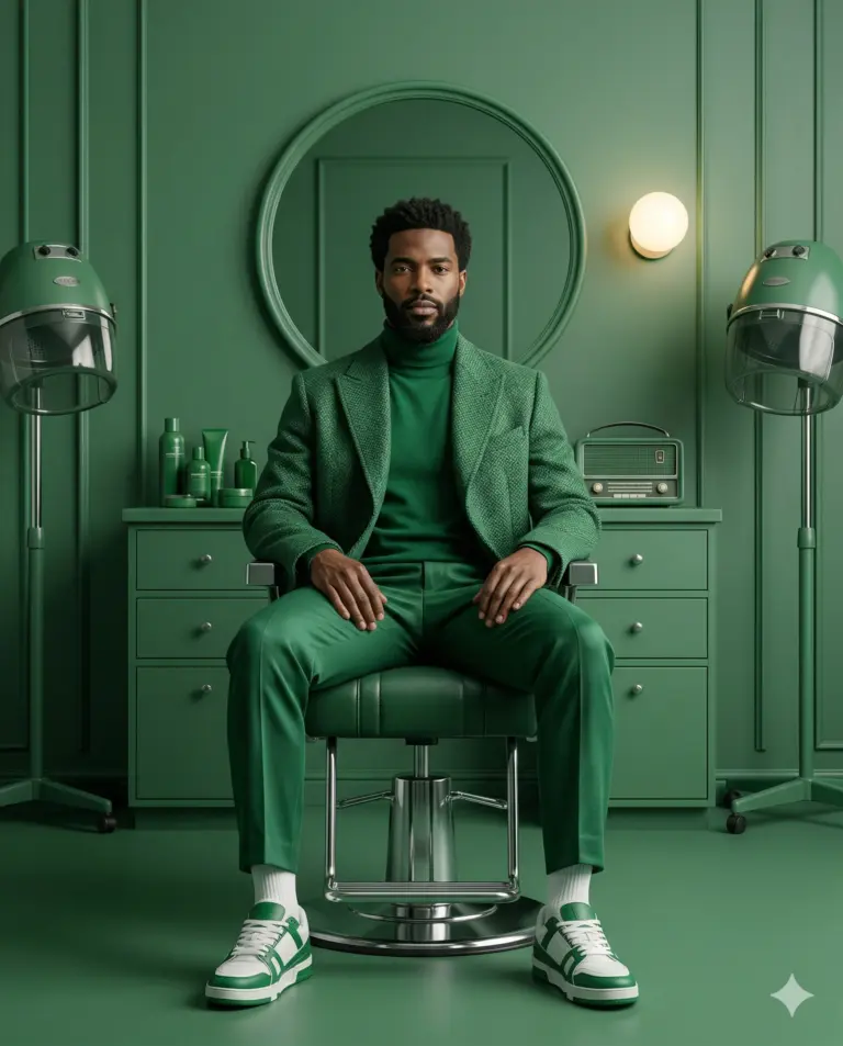 AI generated monochromatic portrait of a man in a green suit sitting in a matching green barbershop with vintage hair salon equipment.