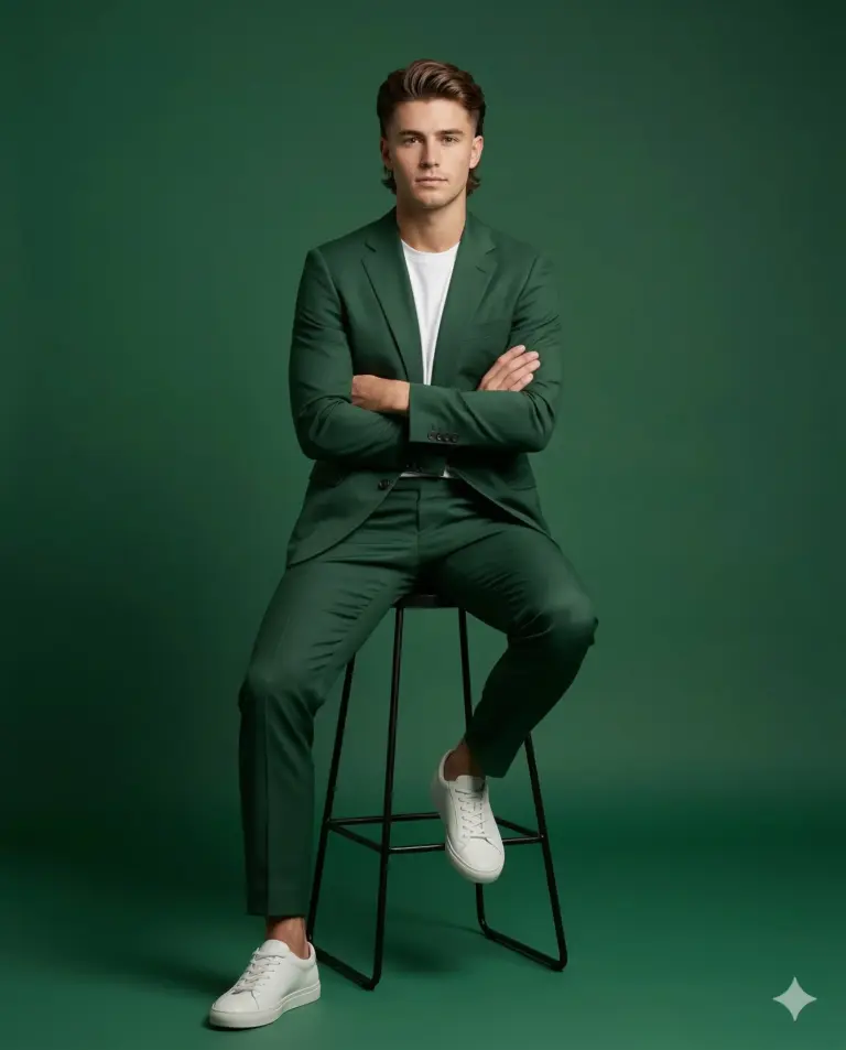 Man in Green Suit AI Photo Editing Prompt. AI generated studio portrait of a young man with crossed arms, wearing a forest green suit and white sneakers while sitting on a stool against a matching green background.