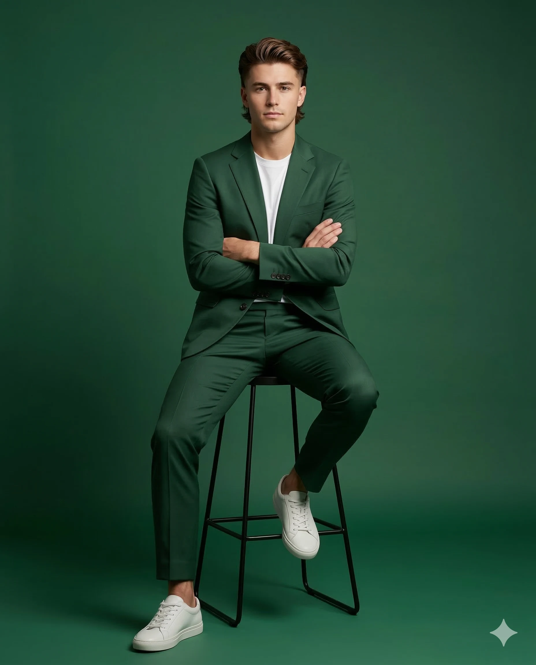 Man in Green Suit AI Photo Editing Prompt. AI generated studio portrait of a young man with crossed arms, wearing a forest green suit and white sneakers while sitting on a stool against a matching green background.