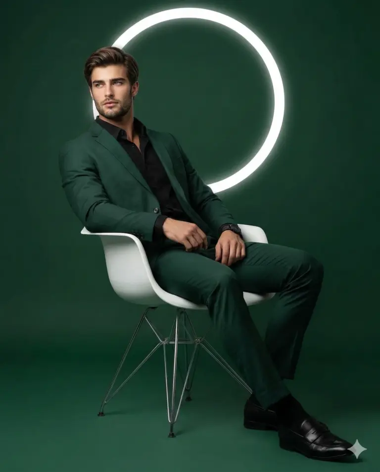 Man in Green Suit and Halo Light AI Photo Editing Prompt. AI generated studio portrait of a man in a dark green suit sitting on a white chair against a green backdrop with a glowing circular light.