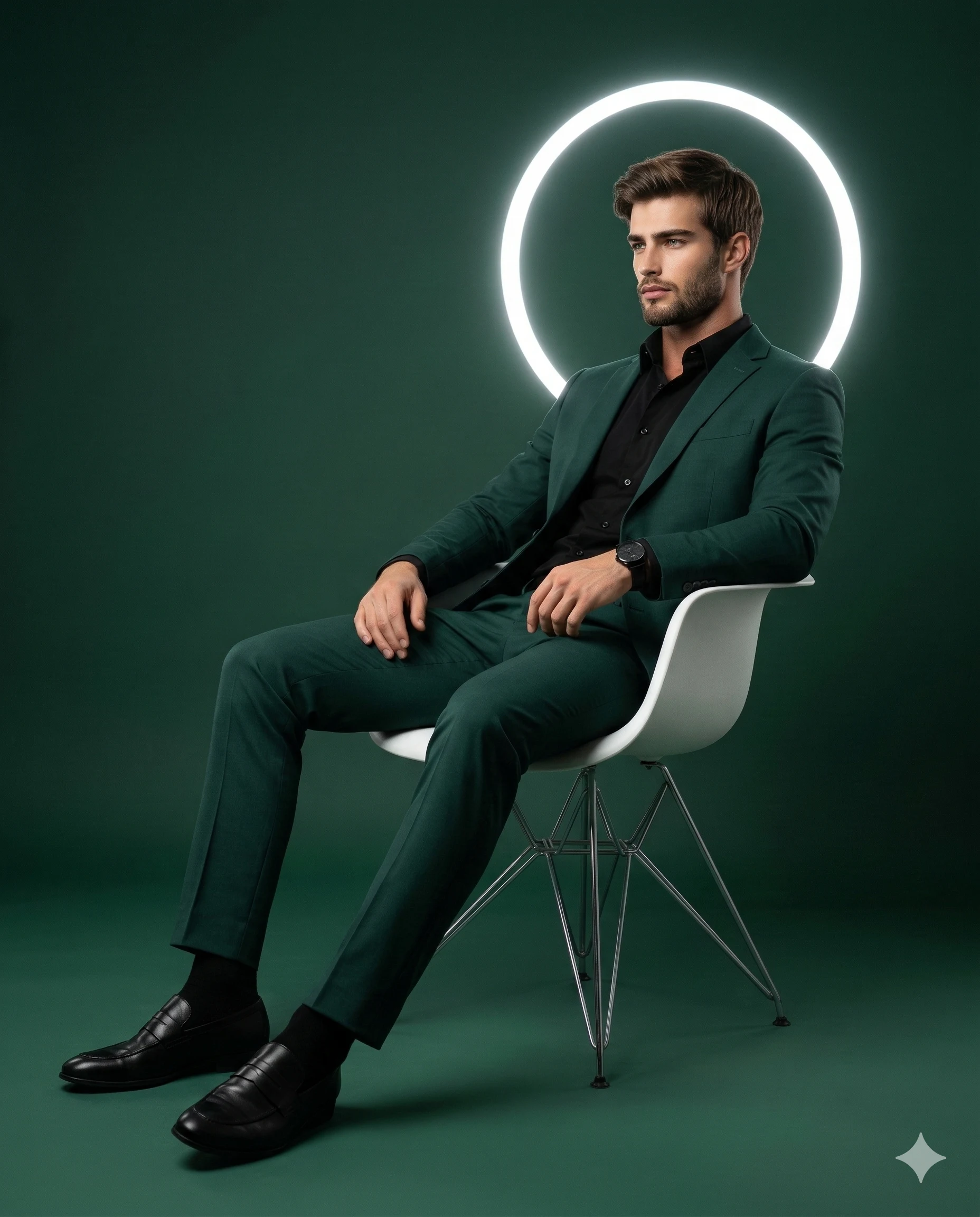 Man in Green Suit on White Chair AI Photo Editing Prompt. AI generated studio portrait of a man in a dark green suit sitting on a white modern chair with a glowing circular halo.