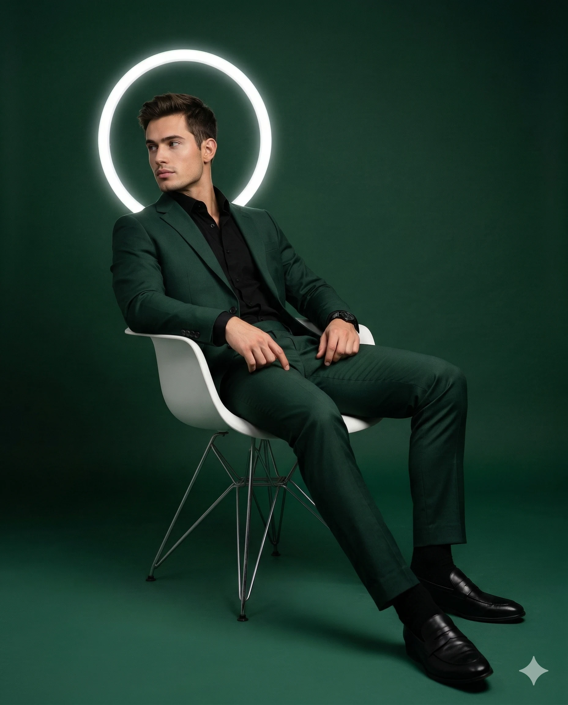 Man in Green Suit and Halo AI Photo Editing Prompt. AI generated studio portrait of a man in a dark green suit sitting on a white chair with a glowing ring background.