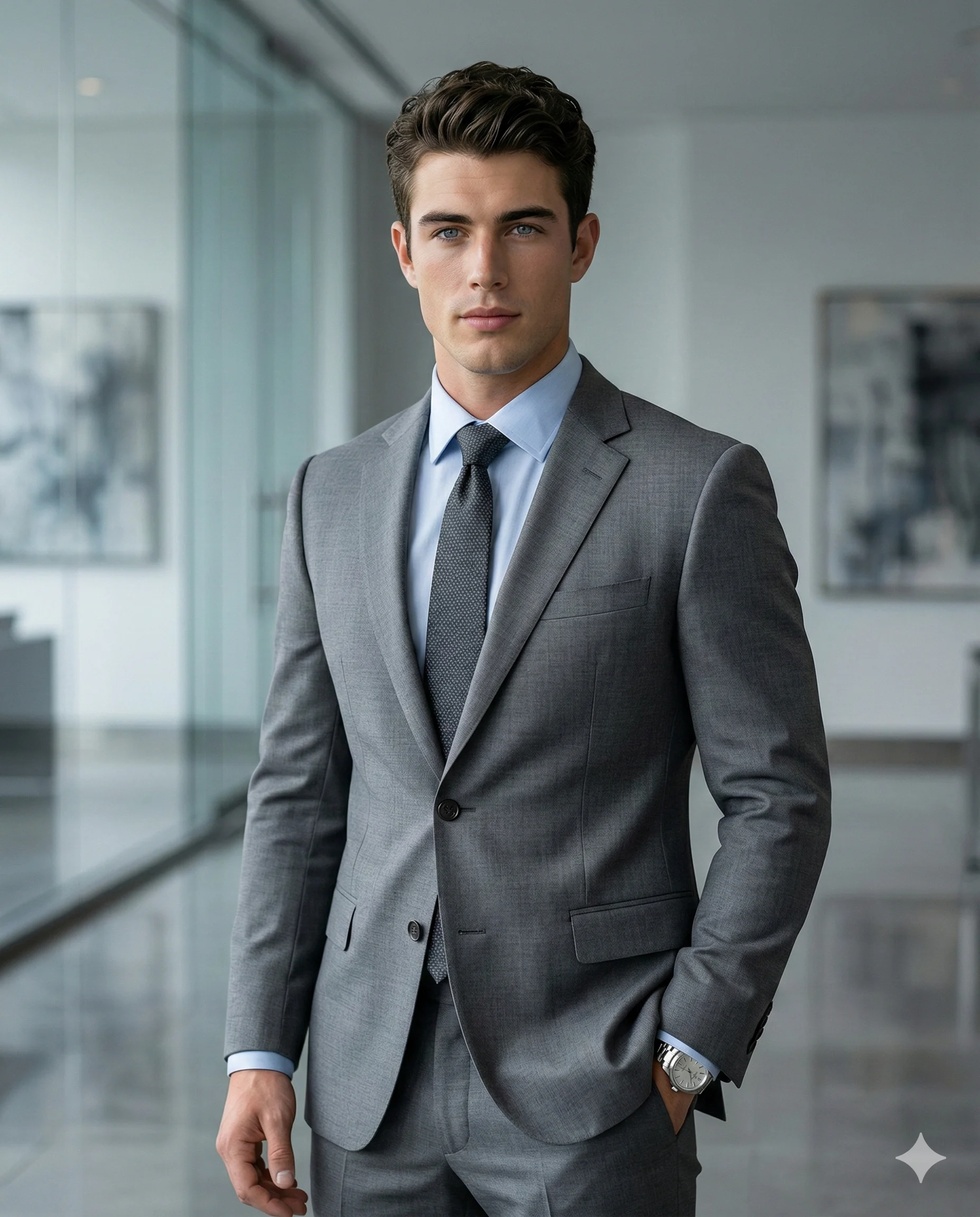 Corporate Style Photography Prompt. AI generated corporate portrait of a professional man in a tailored grey suit and light blue shirt standing in a modern office.