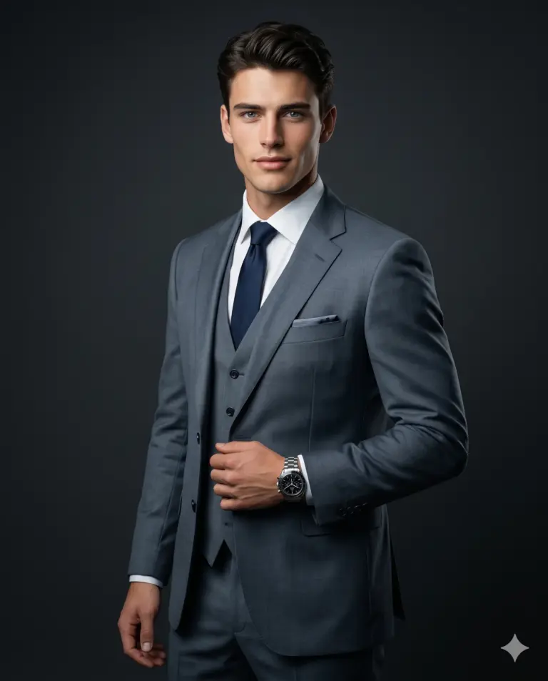 Man in Grey Three-Piece Suit AI Photo Editing Prompt. AI generated studio portrait of a man in a sharp grey three-piece suit, navy blue tie, and a silver watch against a dark grey background.