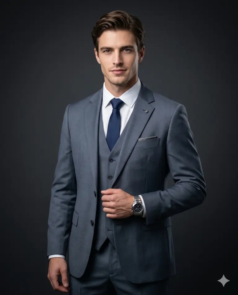 Corporate Man in Grey Suit AI Photo Editing Prompt. AI generated studio portrait of a handsome man wearing a tailored three-piece grey suit and navy tie against a dark background.