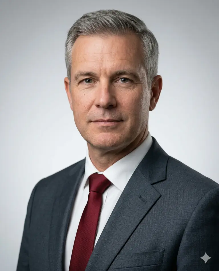 AI generated studio portrait of a middle-aged man with salt-and-pepper hair wearing a charcoal grey suit and a burgundy red tie.