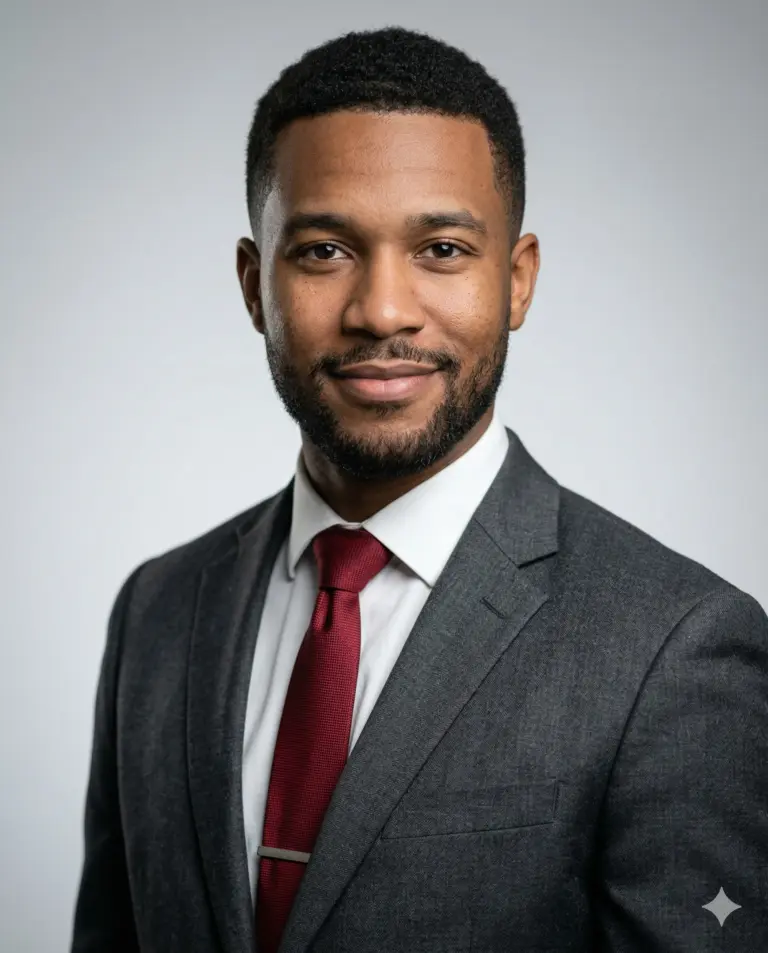 Professional Headshot Portrait Prompt. AI generated professional studio portrait of a man wearing a charcoal grey suit and a burgundy tie against a neutral background.