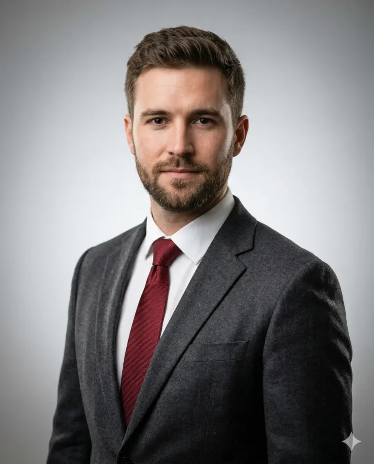 Professional Man in Grey Blazer AI Photo Editing Prompt. AI generated professional studio portrait of a bearded man wearing a charcoal grey suit jacket and a red tie against a neutral light background.