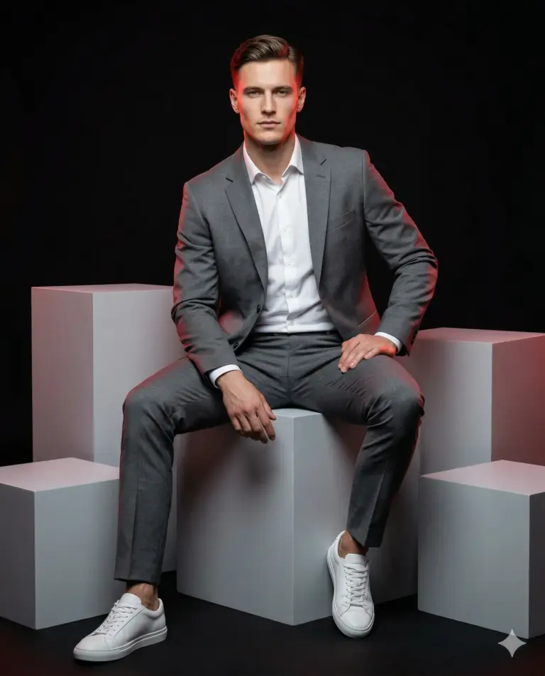 Man in Grey Suit on White Cubes AI Photo Editing Prompt. AI generated studio portrait of a stylish man in a grey suit sitting on geometric blocks with dramatic red rim lighting.