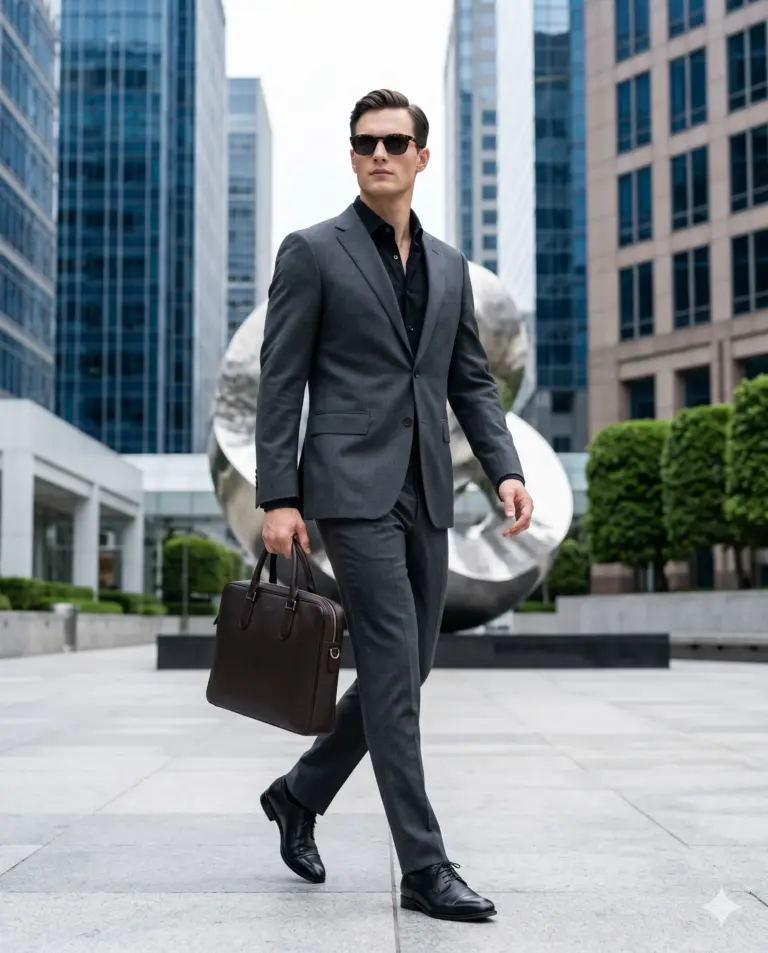 Professional Man in Grey Suit AI Photo Editing Prompt. AI generated lifestyle portrait of a man in a charcoal suit and sunglasses walking through a modern business district with a leather briefcase.