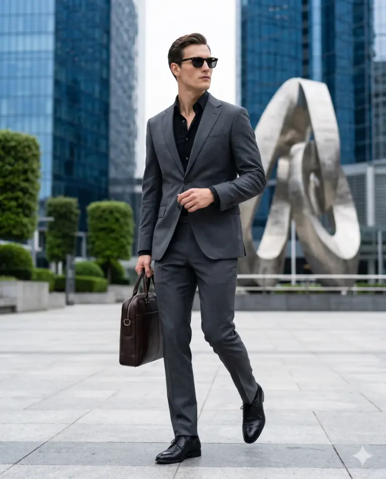 AI generated cinematic portrait of a professional man in a tailored grey suit and sunglasses carrying a leather briefcase in a modern urban setting.