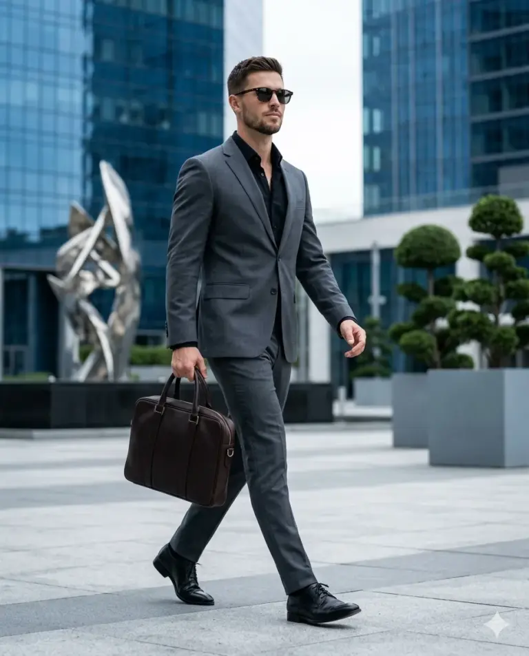 Businessman Walking in Grey Suit AI Photo Editing Prompt. AI generated cinematic lifestyle portrait of a sharp-dressed man in a charcoal suit and sunglasses carrying a leather briefcase through a modern corporate plaza.