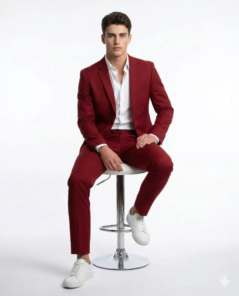 Man in Burgundy Suit AI Photo Editing Prompt. AI generated studio portrait of a stylish young man wearing a maroon suit and white sneakers sitting on a chrome stool.