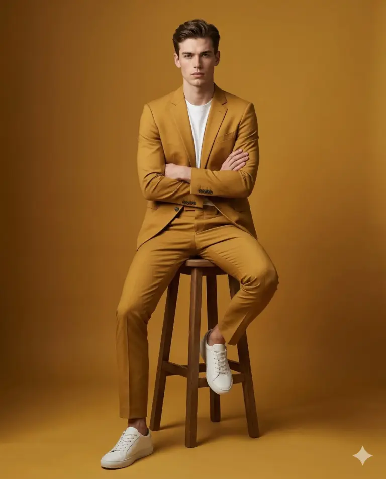 Man in Yellow Suit on Stool AI Photo Editing Prompt. AI generated studio portrait of a young man in a mustard-yellow suit and white sneakers sitting with arms crossed on a wooden stool against a matching background.