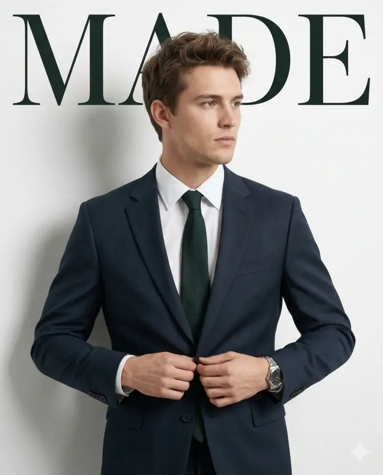 Man in Navy Suit AI Photo Editing Prompt. AI generated studio portrait of a sharp-dressed man in a navy suit and dark green tie adjusting his jacket against a white background with "MADE" typography.