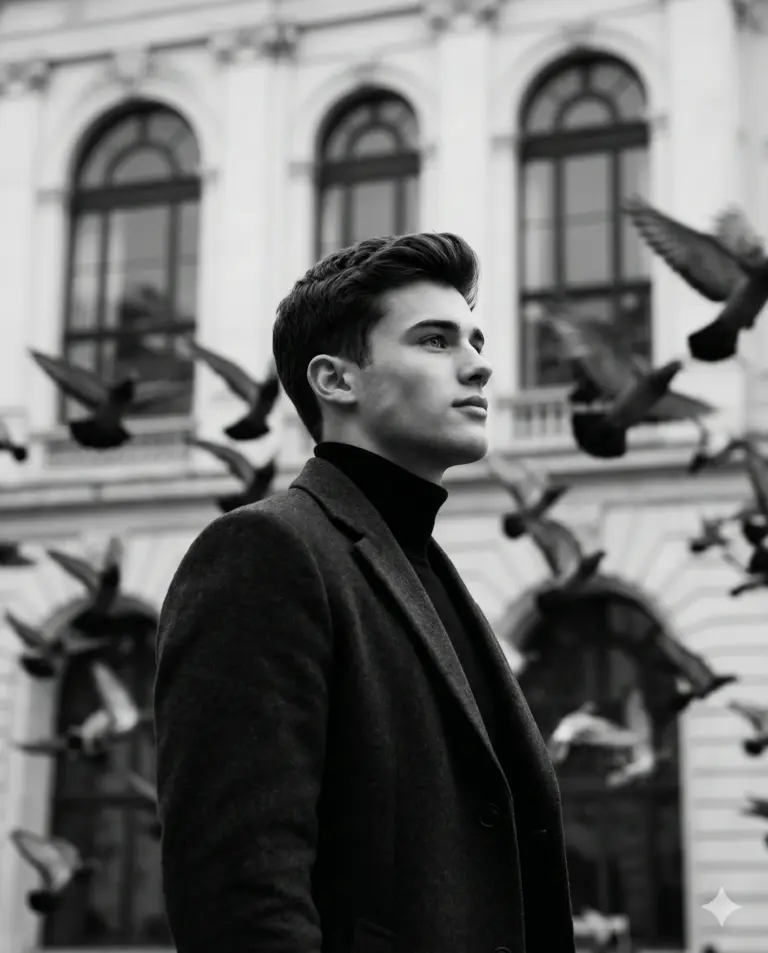 Man in Overcoat and Pigeons AI Photo Editing Prompt. AI generated cinematic black and white portrait of a stylish man in a wool coat with birds flying against a historic building backdrop.