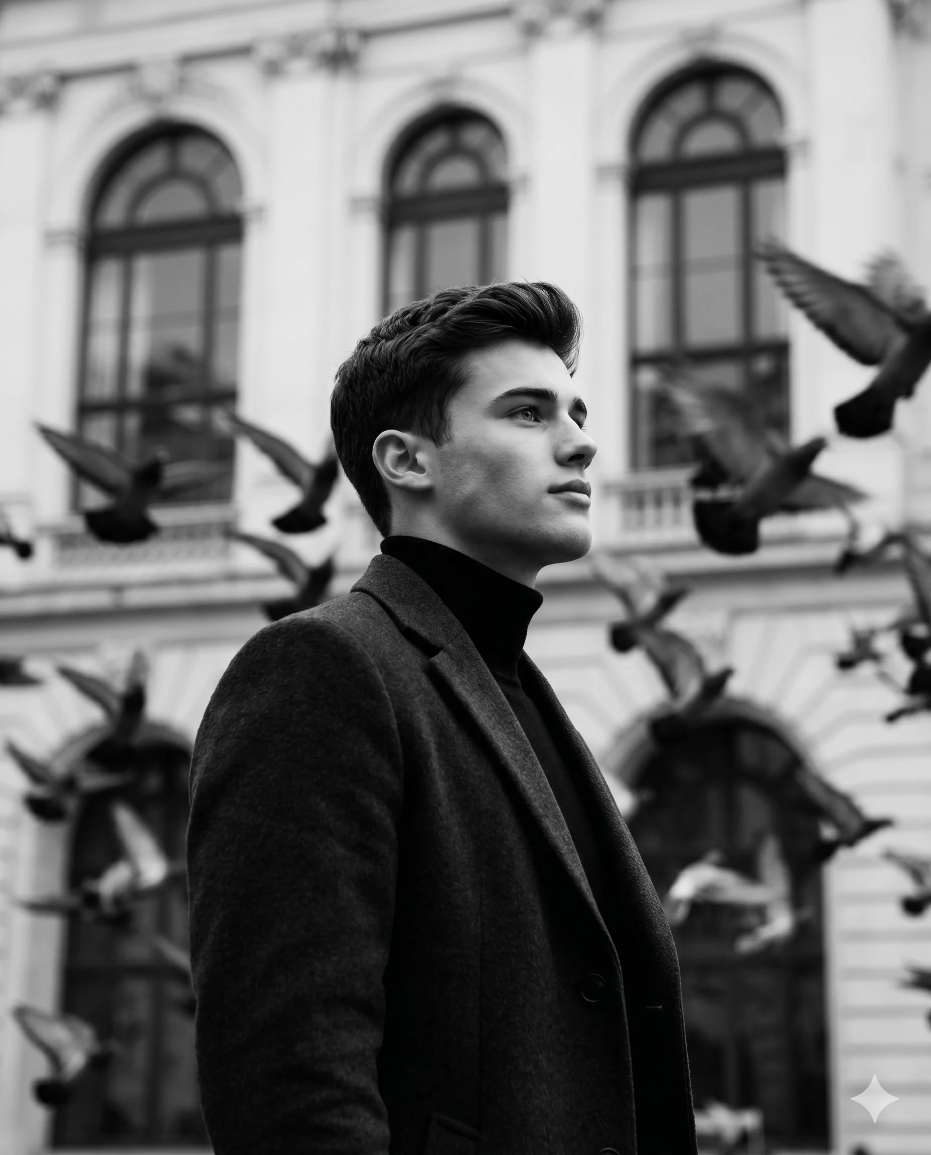 Man in Overcoat and Pigeons AI Photo Editing Prompt. AI generated cinematic black and white portrait of a stylish man in a wool coat with birds flying against a historic building backdrop.
