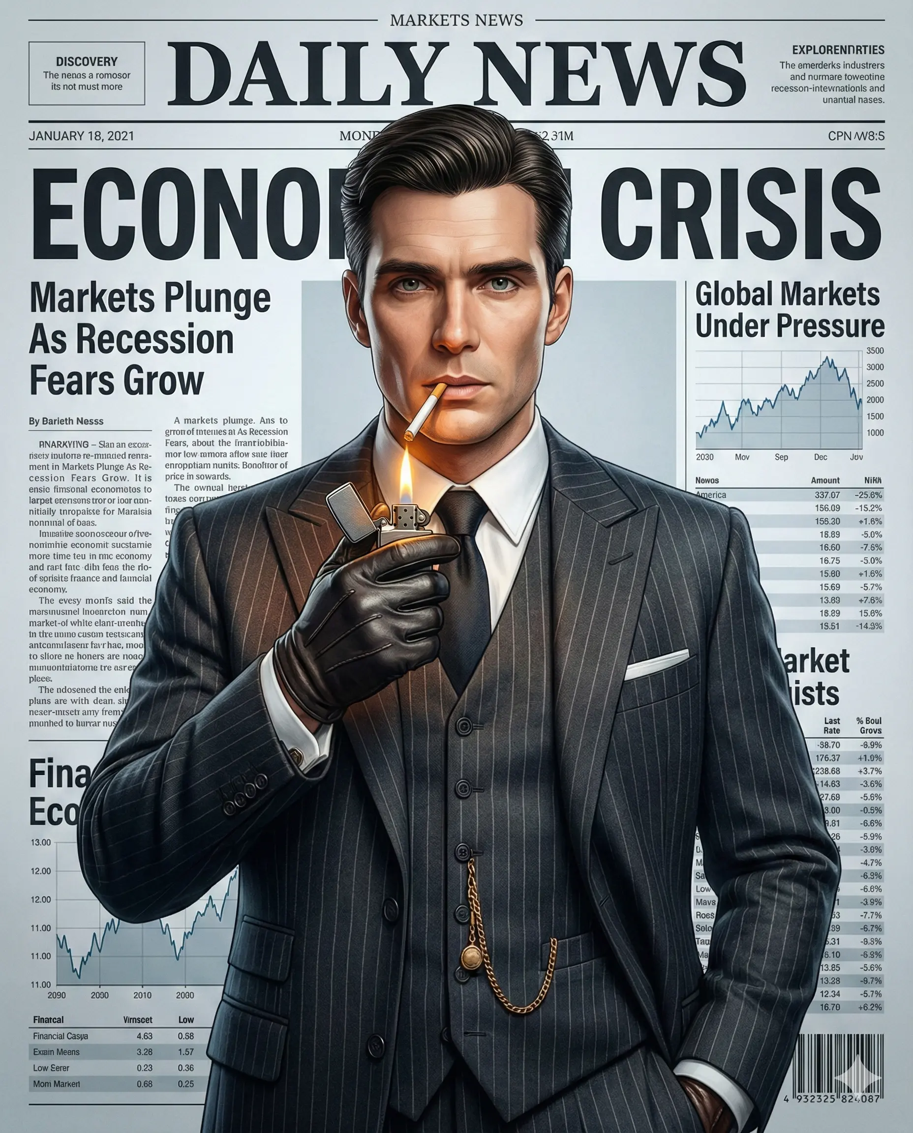 Cinematic portrait of a man in a pinstripe suit lighting a cigarette, set against a "Daily News" backdrop detailing an economic crisis. Sleek, intense, and high-contrast.