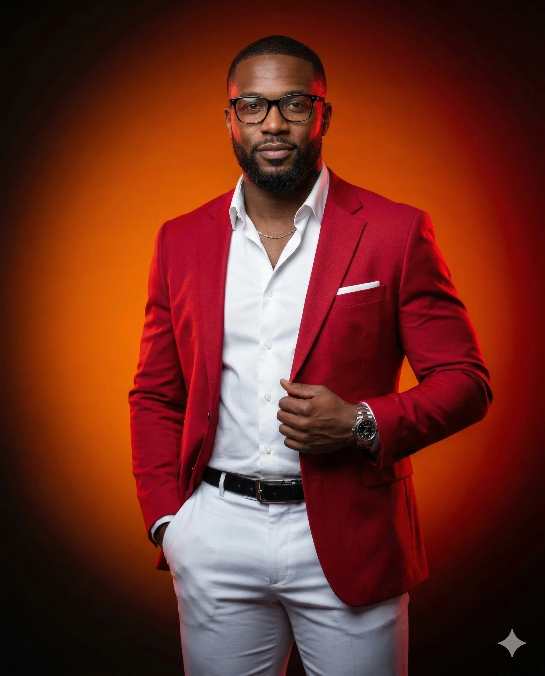 Man in Red Blazer and White Outfit AI Photo Editing Prompt. AI generated studio portrait of a bearded man wearing a red blazer, white shirt, and glasses against an orange circular backdrop.