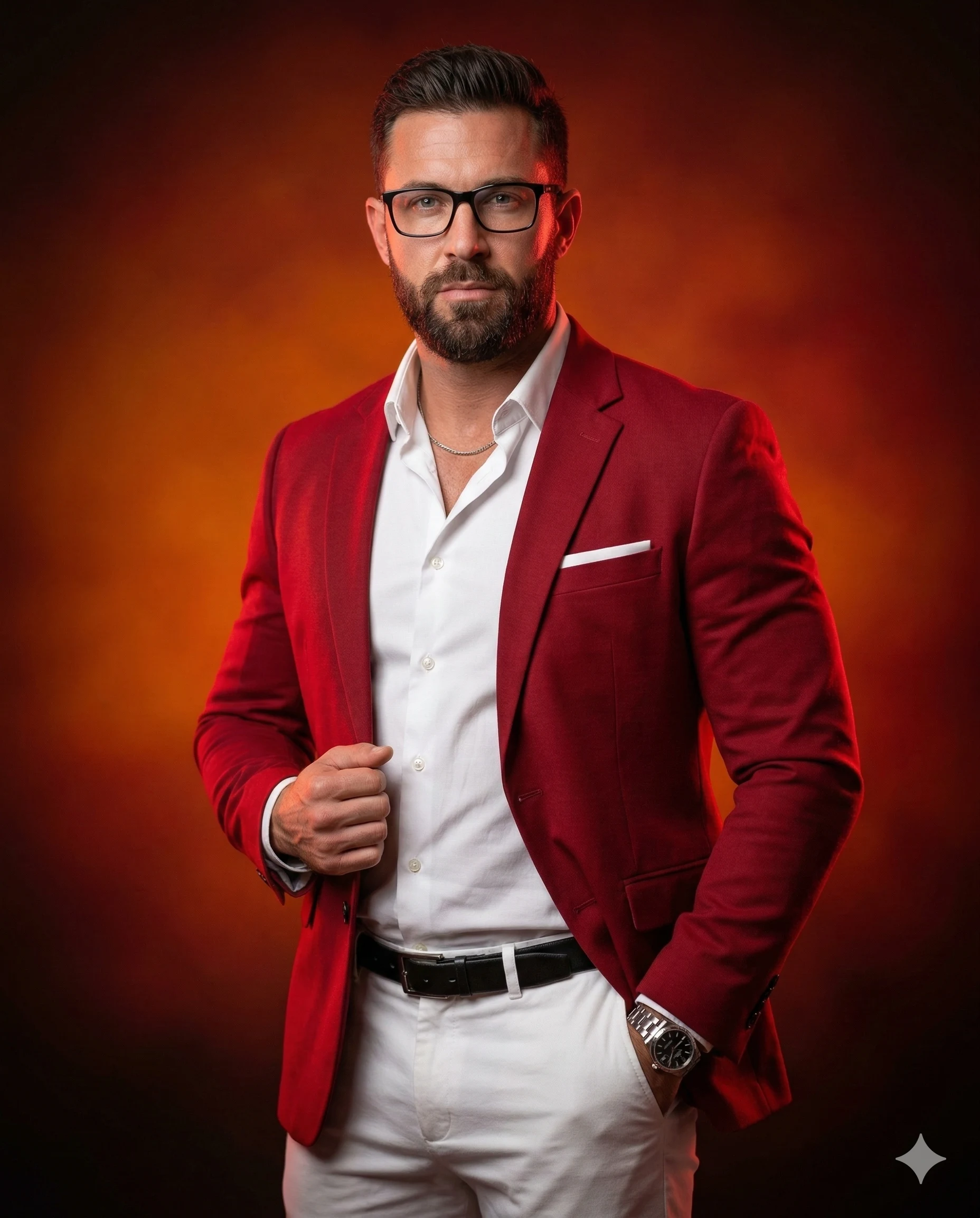 Man in Red Blazer AI Photo Editing Prompt. AI generated studio portrait of a bearded man wearing glasses and a red blazer over a white shirt and trousers against a warm textured background.