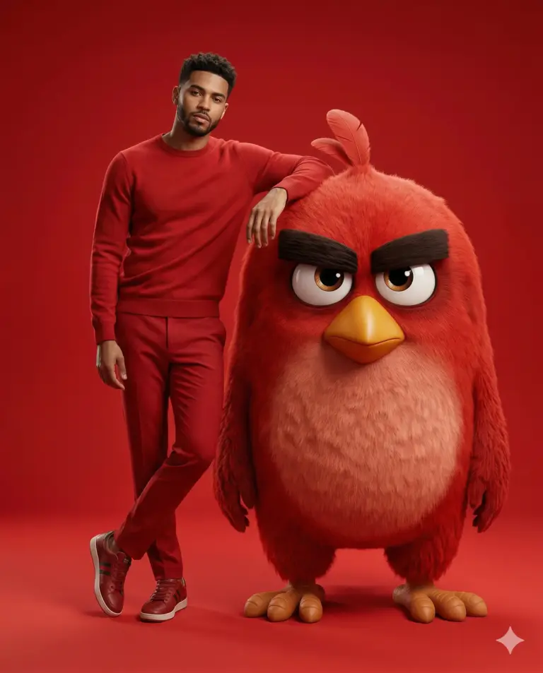 Man in Red with Angry Bird AI Photo Editing Prompt. AI generated 3D digital illustration of a man in all-red attire leaning on a large, realistic Red Angry Bird character against a solid red background.