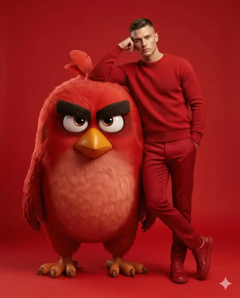 Man in Red and Angry Bird Fashion Photography Prompt. AI generated digital illustration portrait of a man in red attire leaning on a large, realistic red Angry Bird character against a solid red background.