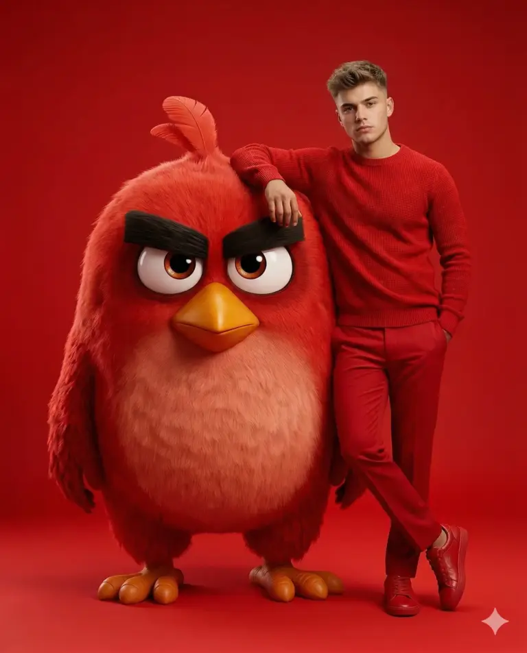 Man and Giant Red Angry Bird Studio Photography Prompt. AI generated digital illustration of a young man in all-red clothing leaning on a large, fluffy 3D Angry Bird character against a solid red background.