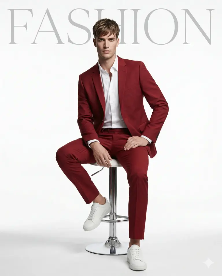 Man's Fashion Editorial Prompt. AI generated studio fashion portrait of a man in a maroon suit and white sneakers sitting on a stool against a white background.