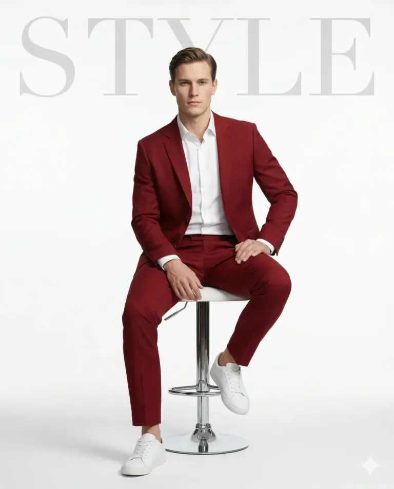 Man in Red Suit and Sneakers AI Photo Editing Prompt. AI generated studio fashion portrait of a man in a maroon suit and white sneakers sitting on a stool with "STYLE" text in the background.