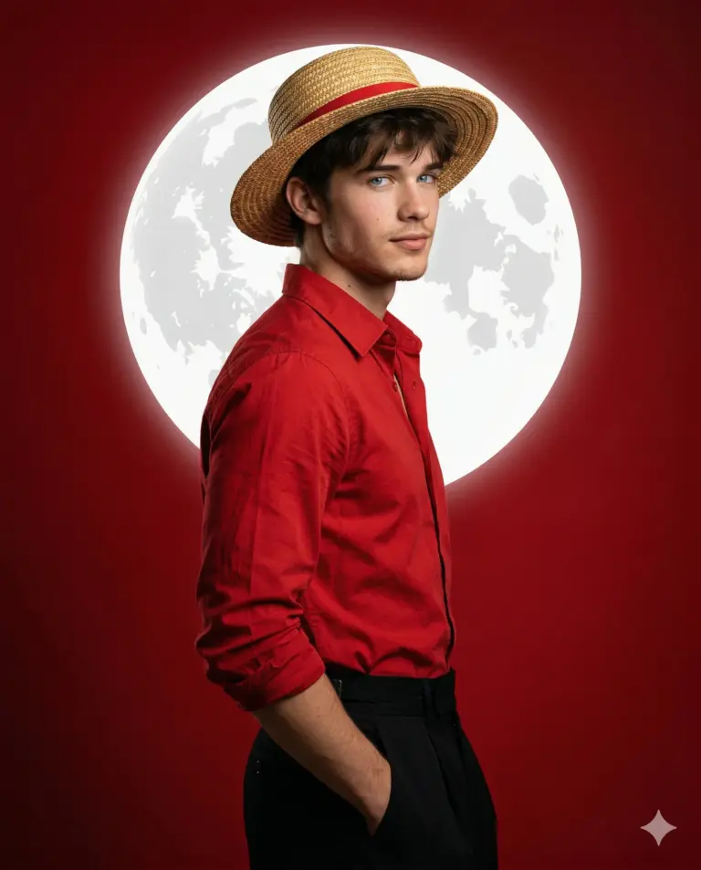 Man in Straw Hat and Red Shirt AI Photo Editing Prompt. AI generated digital portrait of a young man in a straw hat and red shirt posing against a large glowing moon and red background.