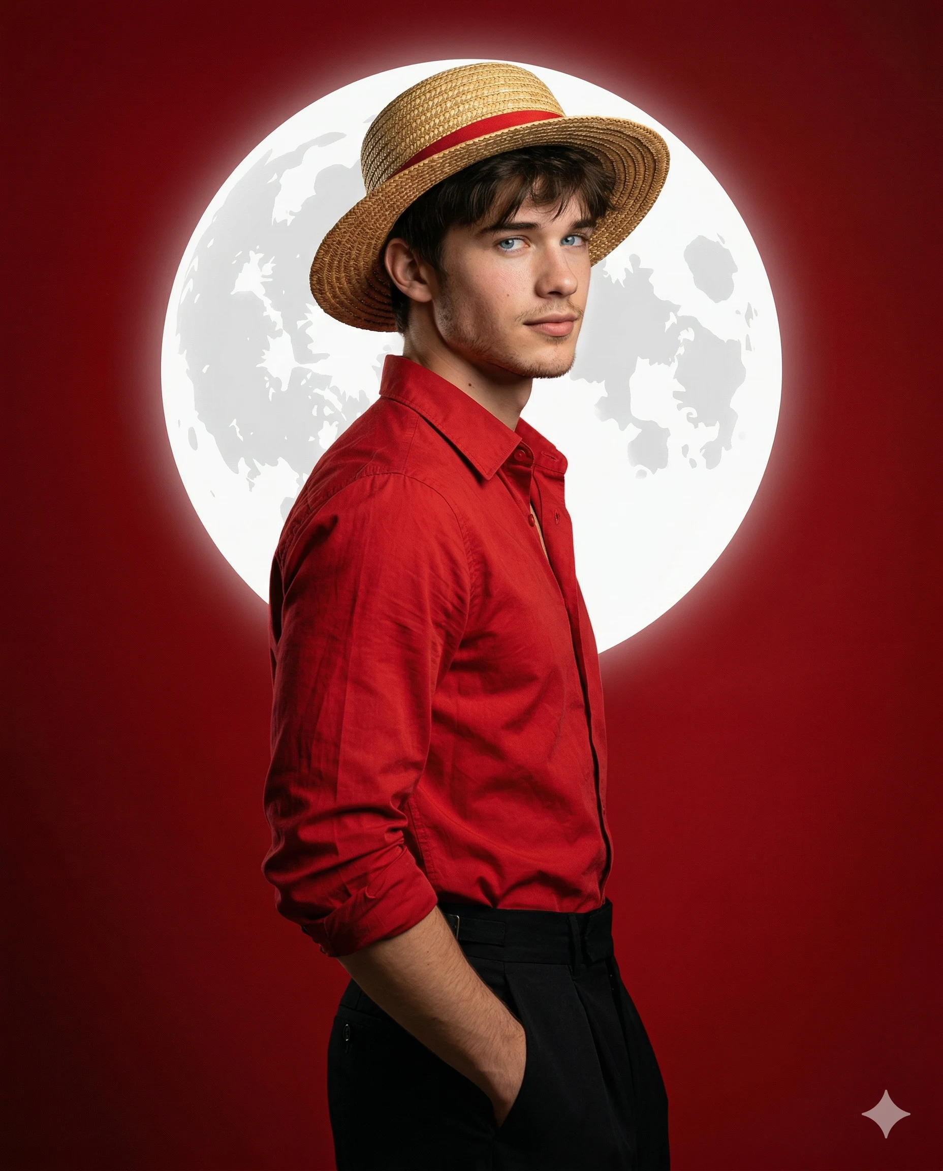 Man in Straw Hat and Red Shirt AI Photo Editing Prompt. AI generated digital portrait of a young man in a straw hat and red shirt posing against a large glowing moon and red background.