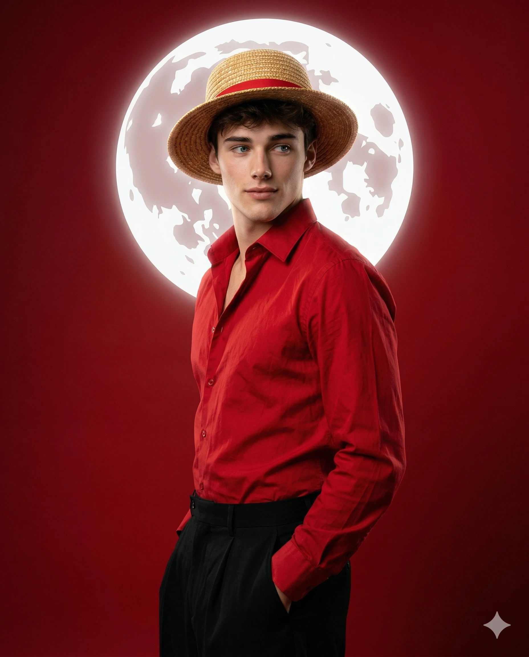 Monkey D. Luffy One Piece Inspired Character AI Photo Editing Prompt. AI generated cinematic portrait of a handsome young man in a red shirt and straw hat posing against a red background with a large glowing moon.