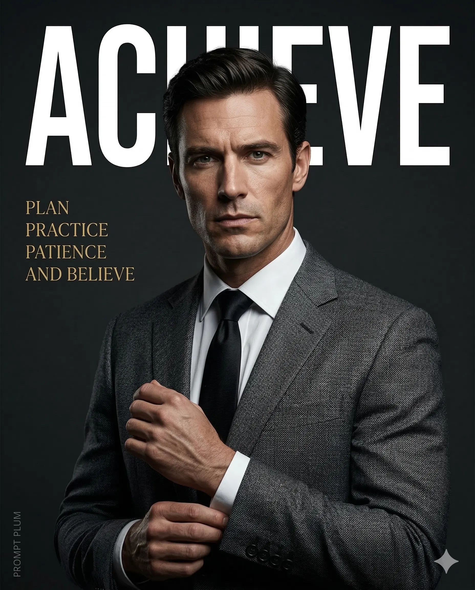 Man in Grey Suit Magazine Poster Editing Prompt. AI generated studio portrait of a man in a formal grey suit adjusting his cuff with the word "ACHIEVE" and motivational text.