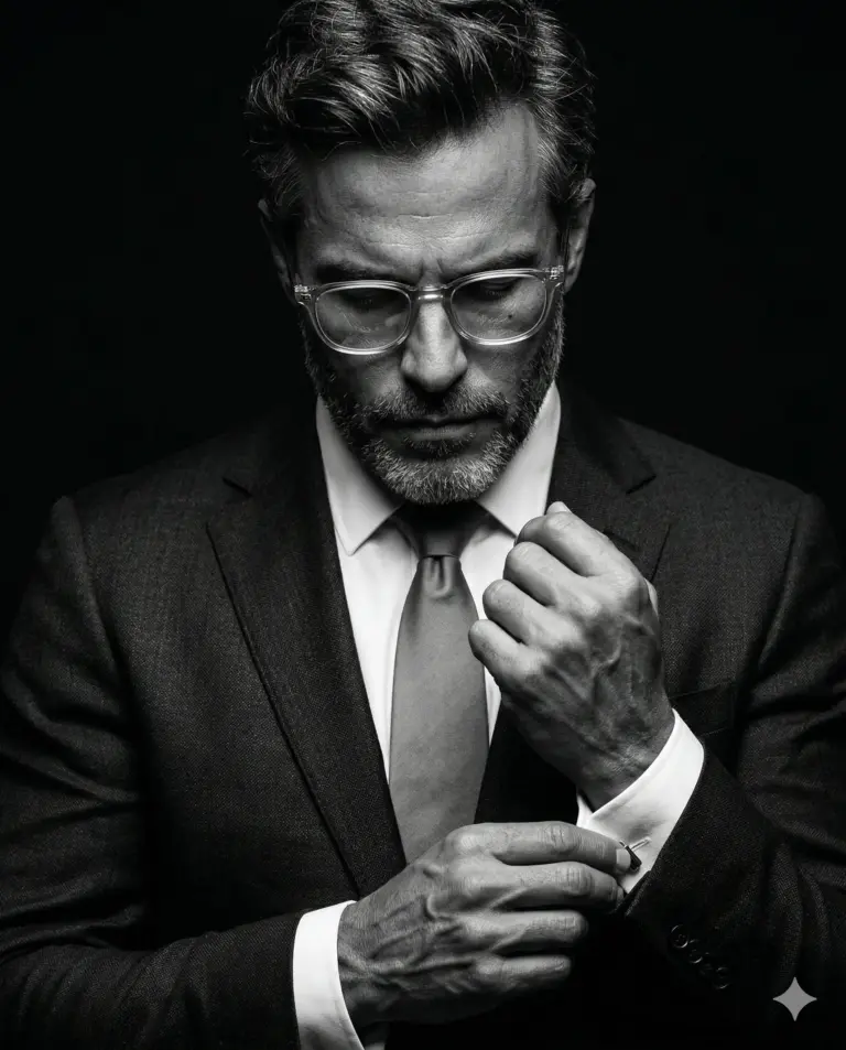 Man Adjusting Cufflinks in Suit AI Photo Editing Prompt. AI generated studio portrait of a bearded man with glasses wearing a formal suit and tie against a dark background.