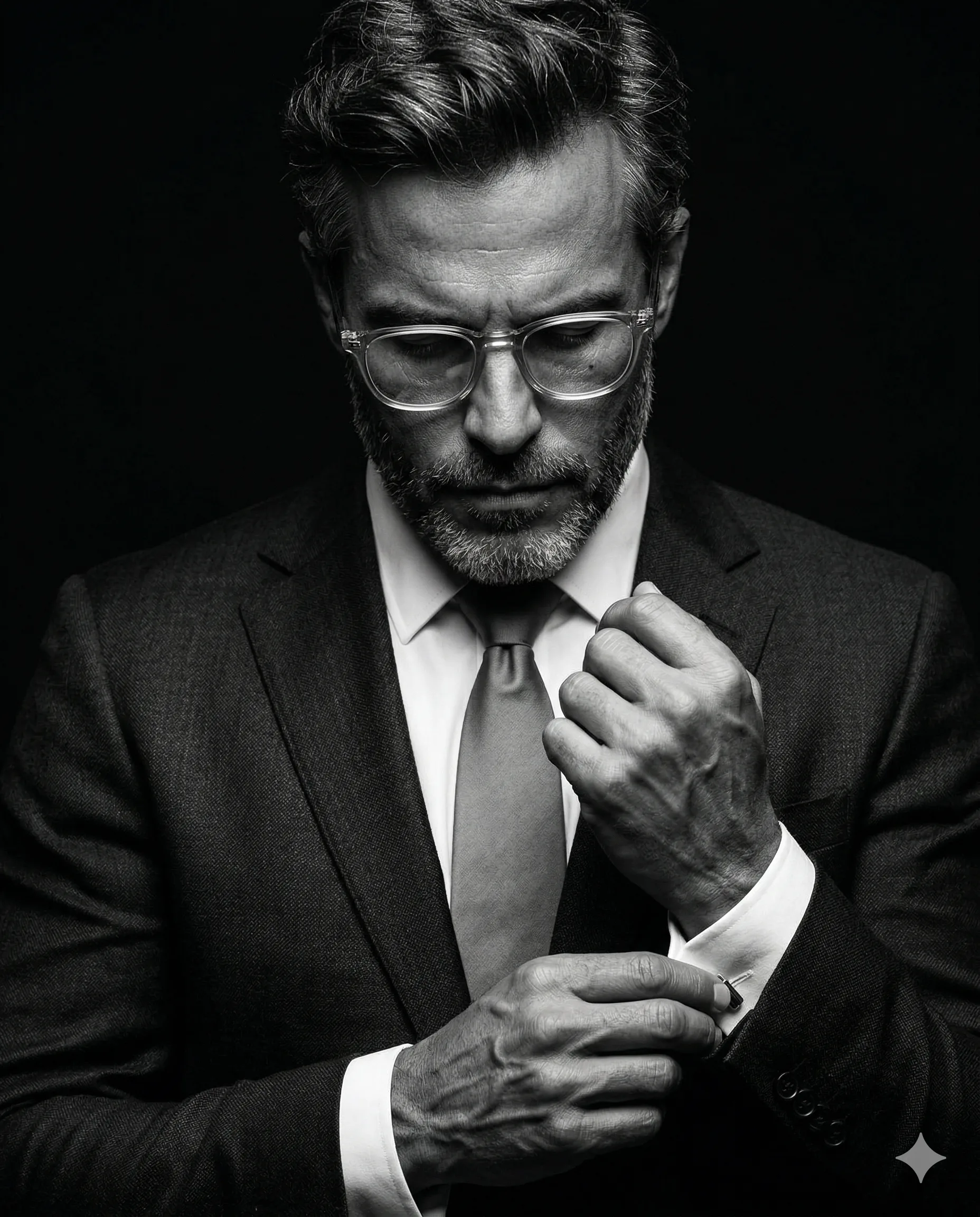 Man Adjusting Cufflinks in Suit AI Photo Editing Prompt. AI generated studio portrait of a bearded man with glasses wearing a formal suit and tie against a dark background.