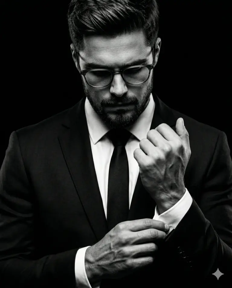 AI generated black and white studio portrait of a bearded man in a suit and glasses meticulously adjusting his shirt cufflink.