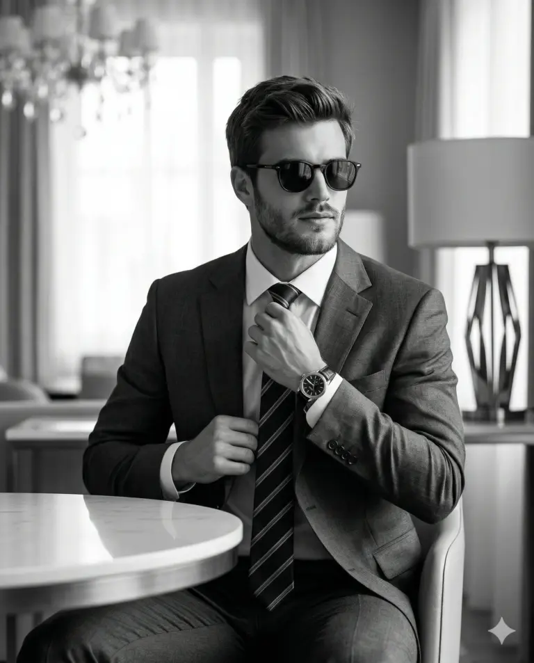 AI generated black and white portrait of a sophisticated man in a grey suit and sunglasses adjusting his striped tie.