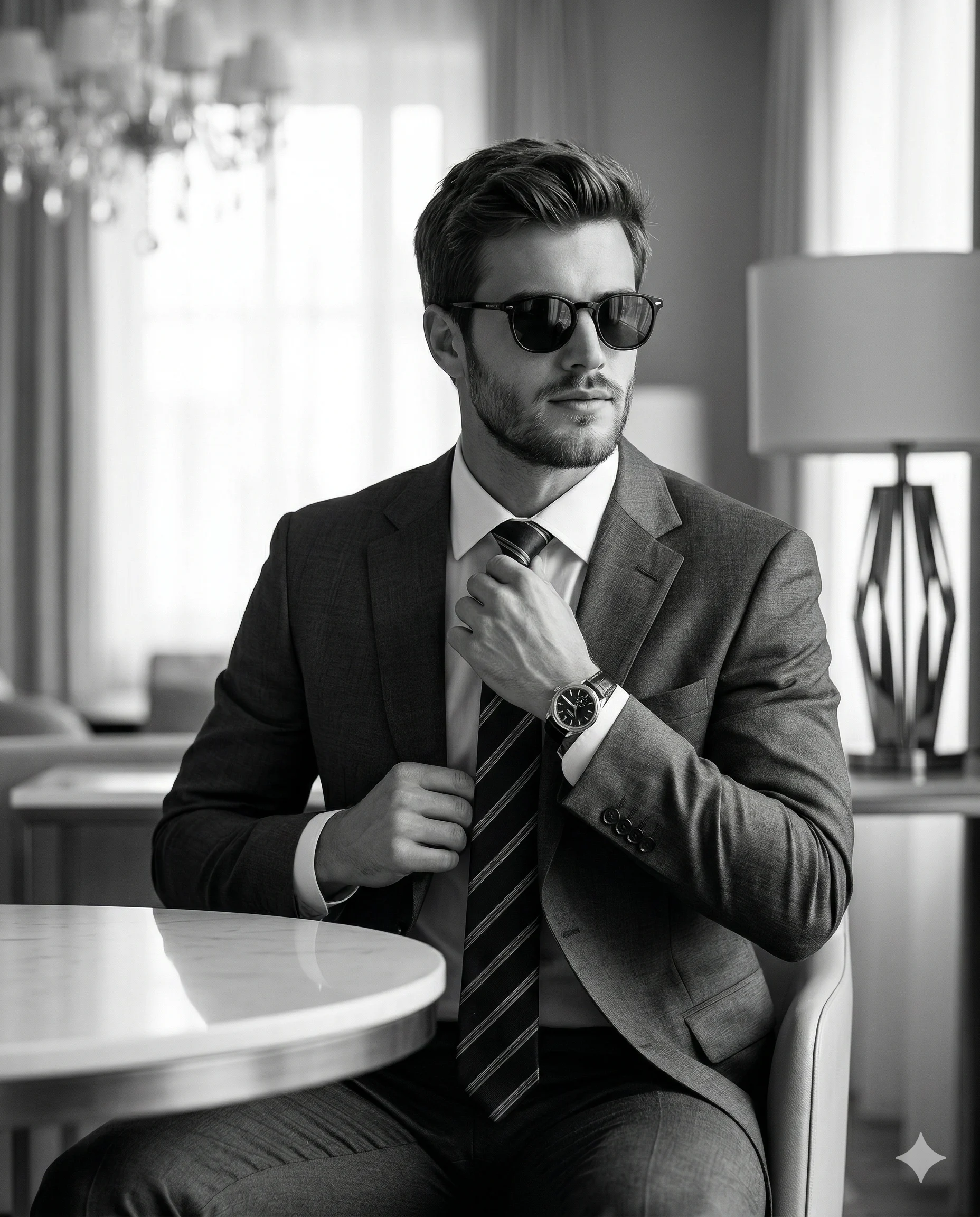 AI generated black and white portrait of a sophisticated man in a grey suit and sunglasses adjusting his striped tie.