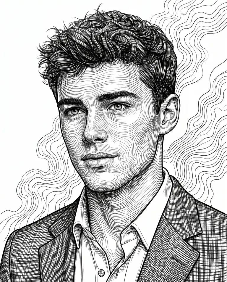 Engraved Young Man Portrait AI Photo Editing Prompt. AI generated detailed line art illustration of a young man with thick wavy hair in a textured blazer, featuring radiating background lines.