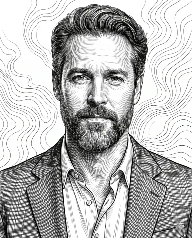 Engraved Man Portrait AI Photo Editing Prompt. AI generated digital illustration of a detailed line art portrait of a bearded man in a textured suit against a topographic background.