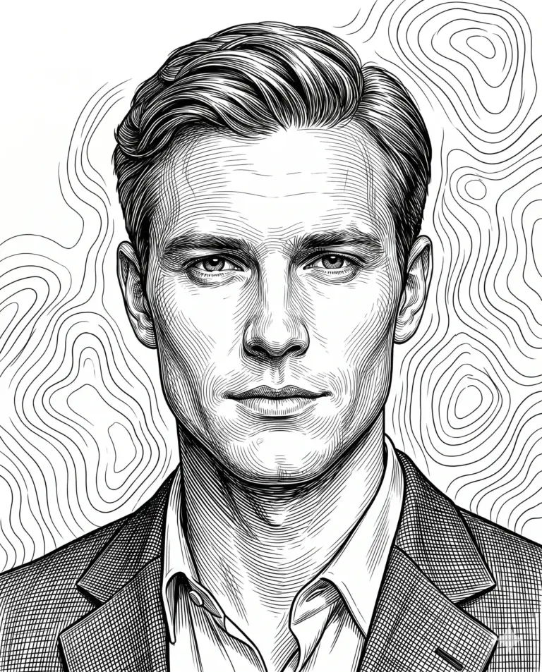 AI generated engraving-style digital illustration portrait of a sharp-looking man in a textured suit, set against a swirling line pattern background.