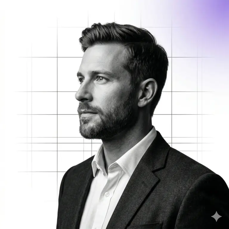 Man in Suit Modern Profile Portrait Editing Prompt. AI generated monochrome studio portrait of a bearded man in a suit jacket and collared shirt against a white grid background with a soft purple glow.