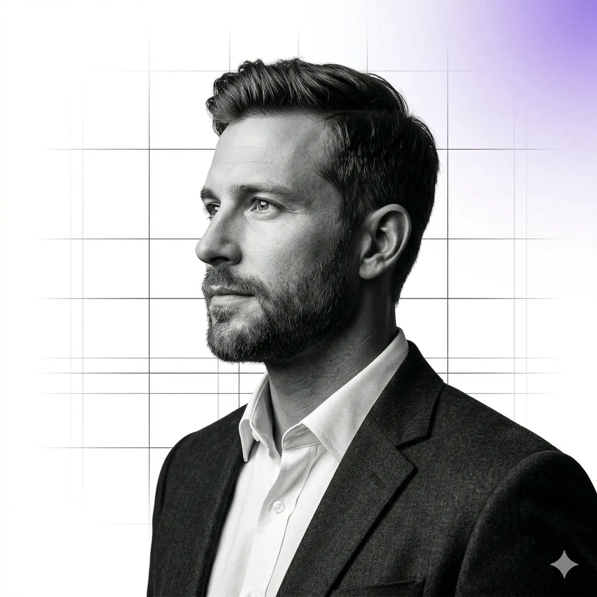 Man in Suit Modern Profile Portrait Editing Prompt. AI generated monochrome studio portrait of a bearded man in a suit jacket and collared shirt against a white grid background with a soft purple glow.