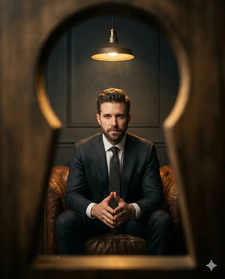 Man in Suit Through Keyhole AI Photo Editing Prompt. AI generated cinematic portrait of a bearded man in a pinstripe suit sitting in a leather armchair, framed within a large keyhole silhouette.